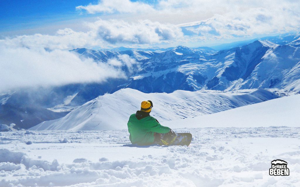 Sitzen Boarder Alpen Panorama Schneebeben